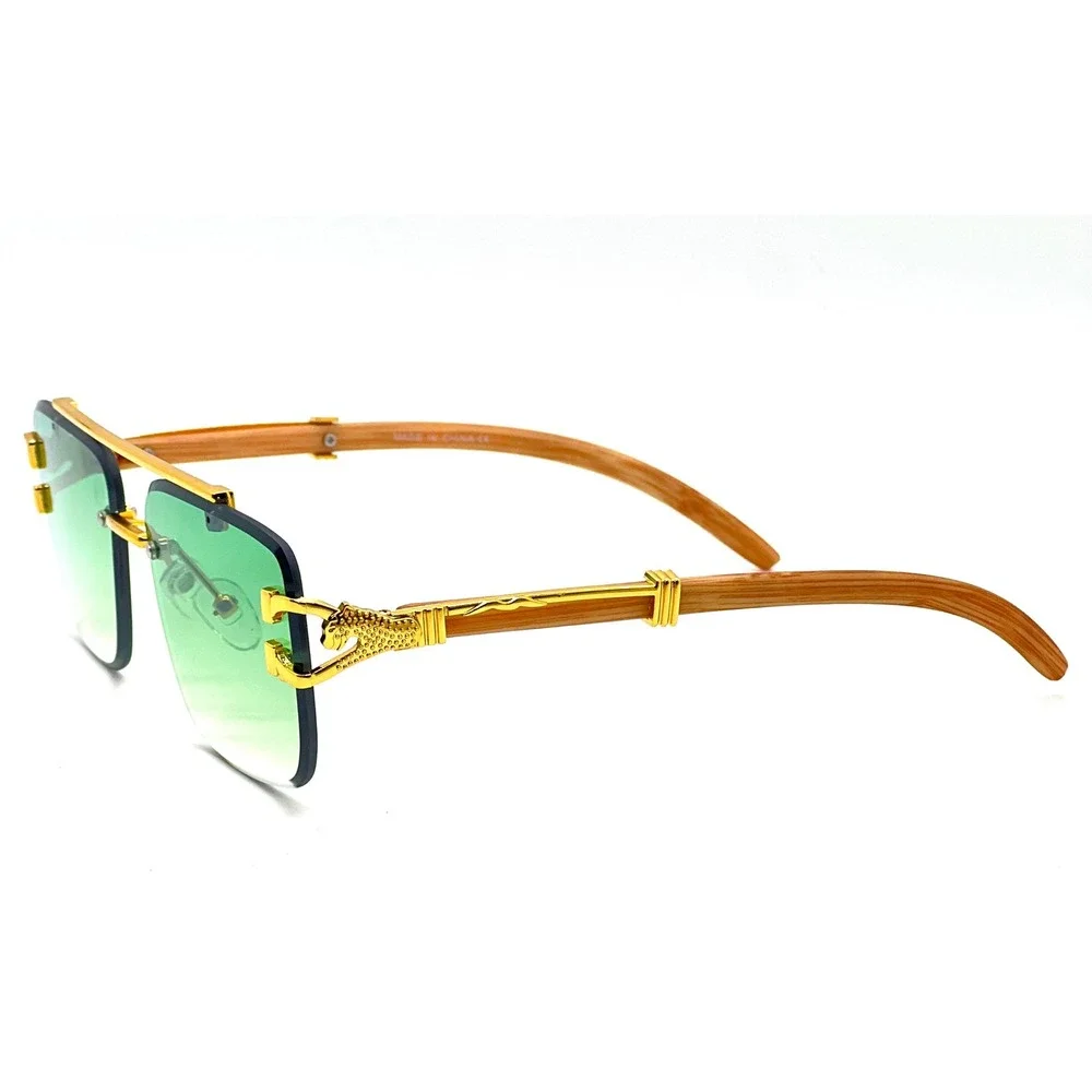 Mens Green Gradient Rimless Square Sunglasses Gold Panther Luxury‎ Hp Hop Rapper